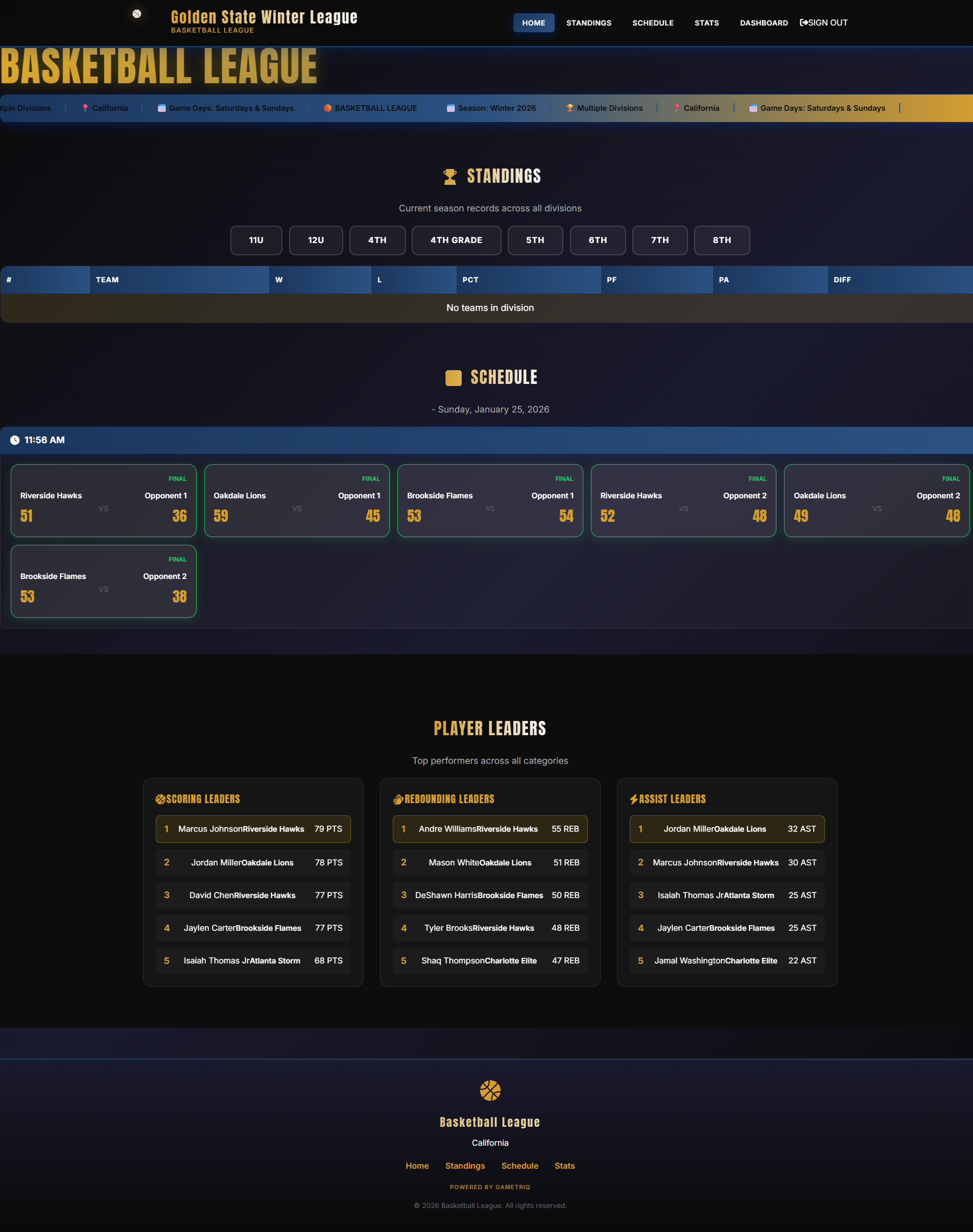League Homepage showing standings, schedule, and team info