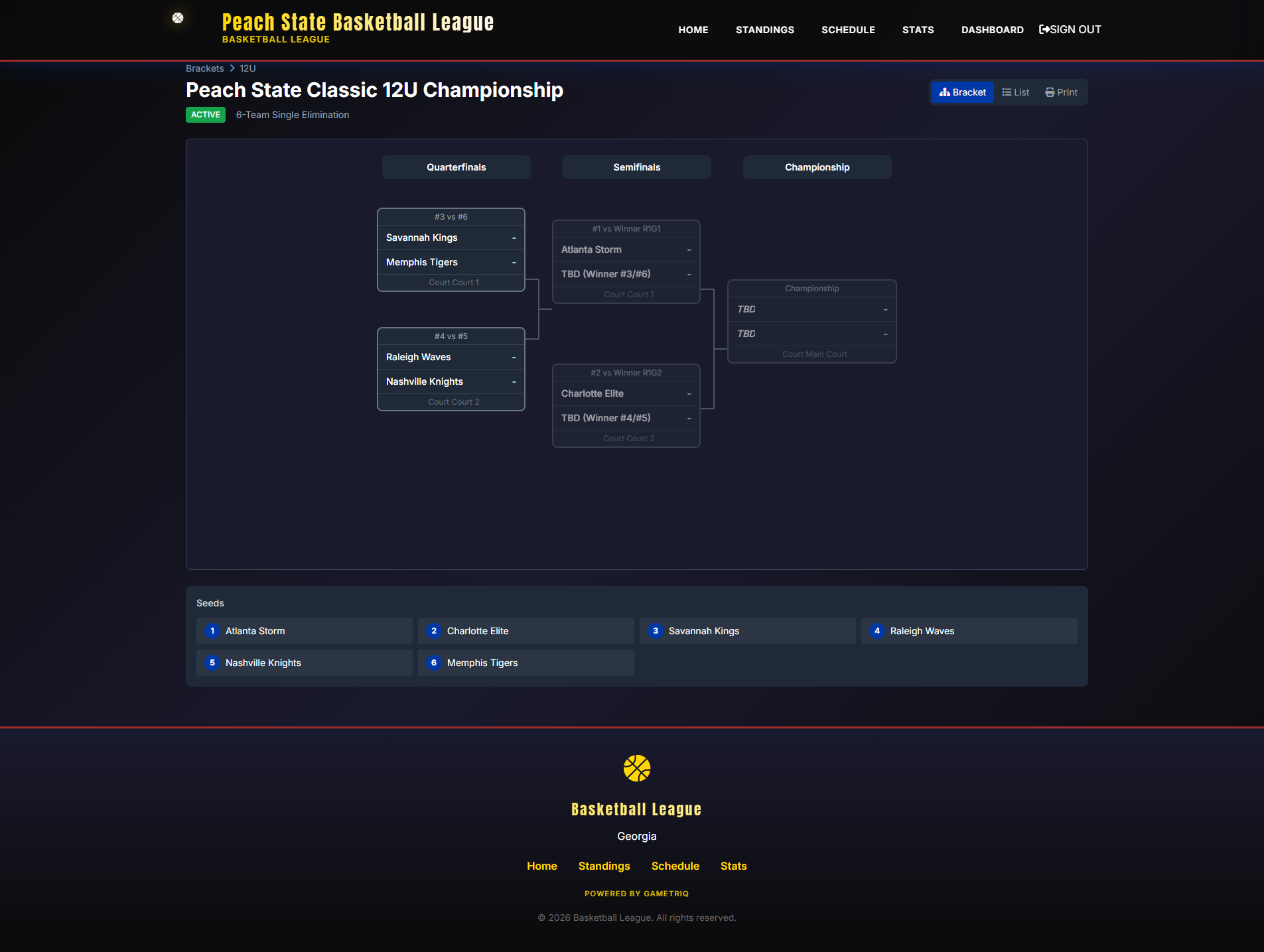 Tournament bracket with seeds and matchups