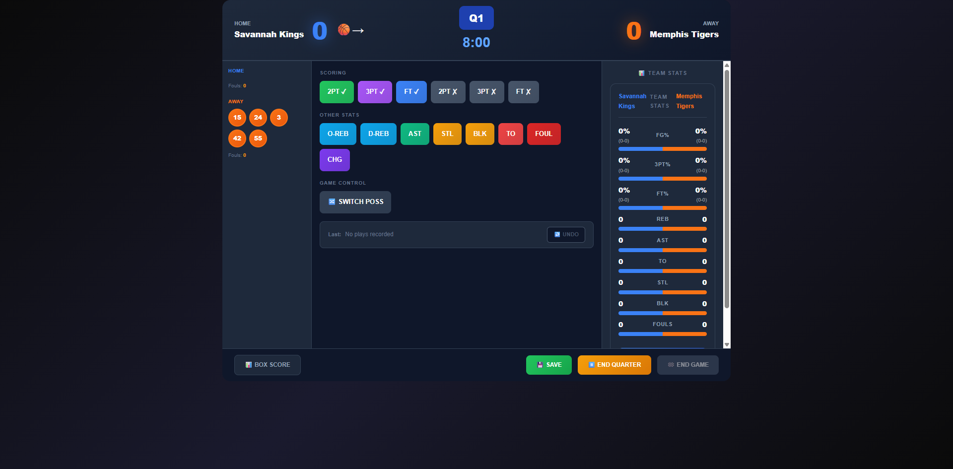 Live Scoring interface with big buttons for easy scoring