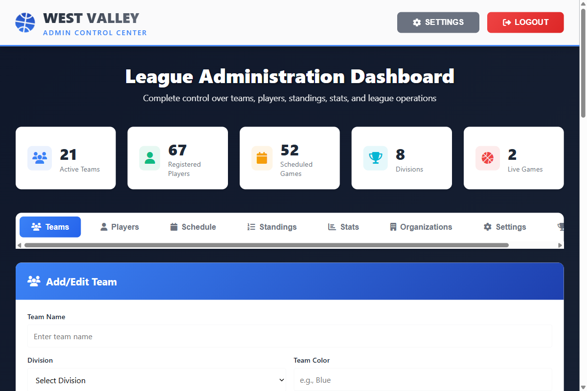 Admin Dashboard showing league stats and navigation tabs