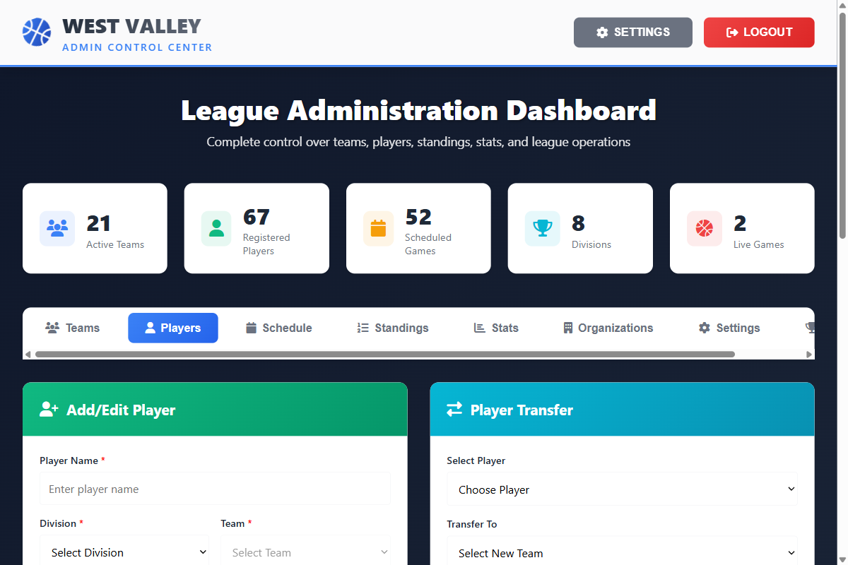 Players tab showing Add Player form and Player Transfer section