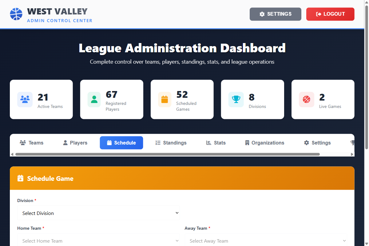 Schedule tab showing game scheduling form