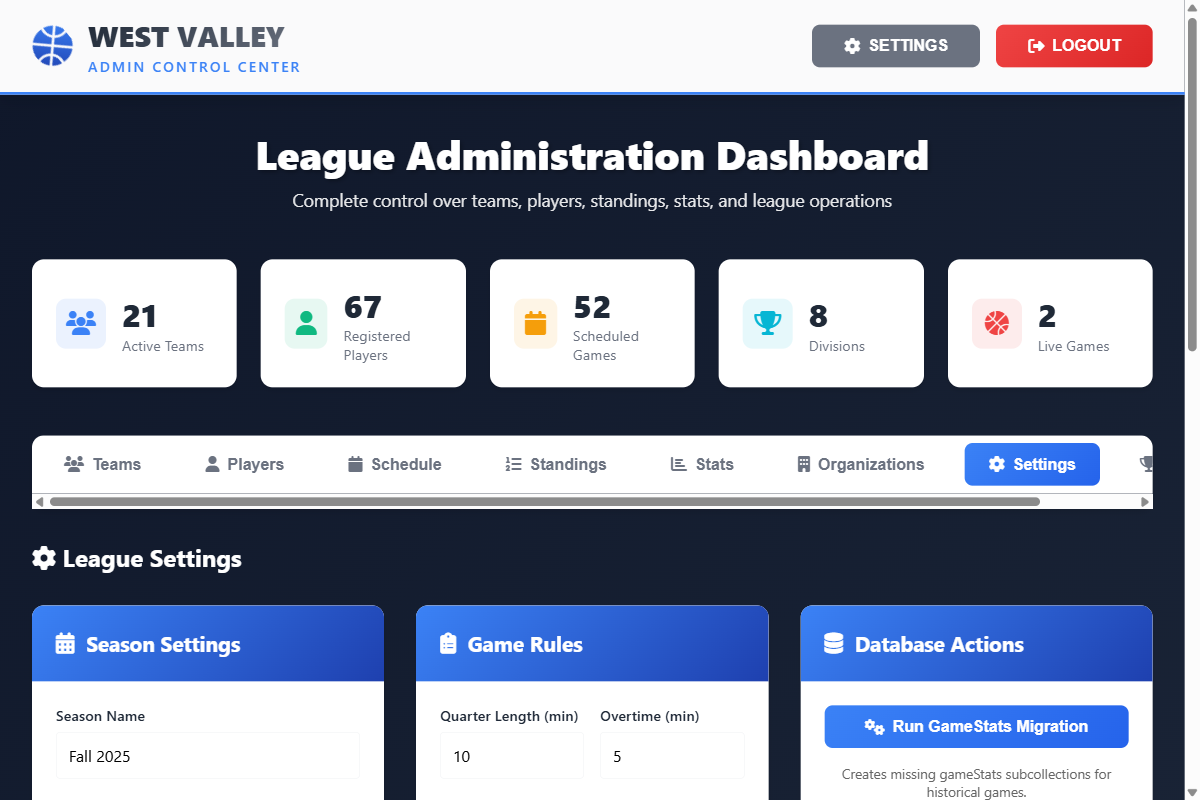 Settings tab showing season settings and game rules