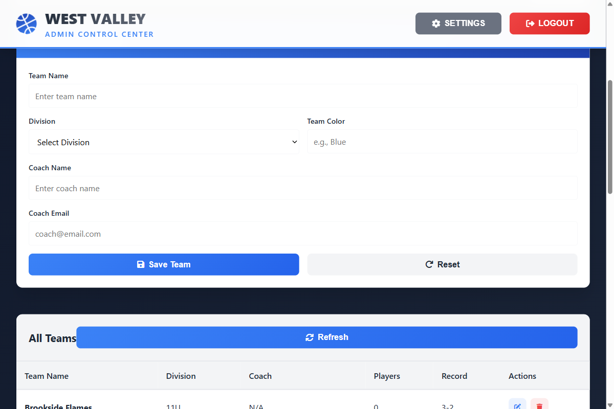 Add Team form showing fields for team name, division, color, and coach info