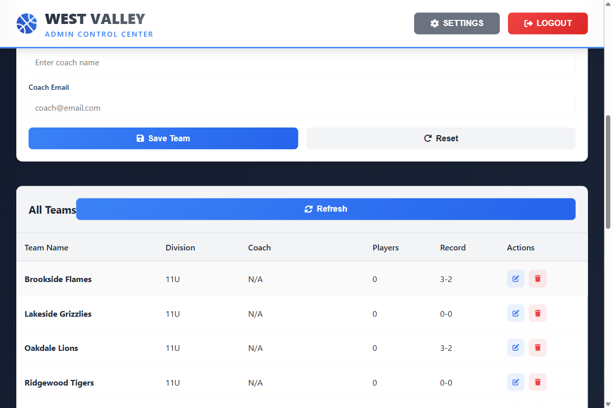 Teams table showing list of teams with their division, coach, and record