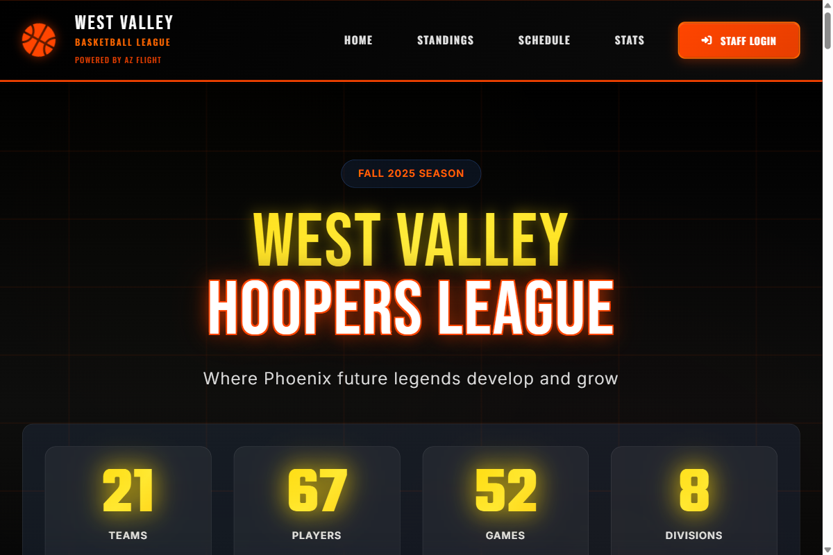 Public league homepage showing league name and stats
