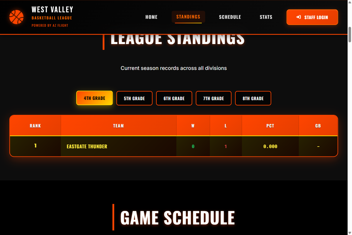 Public standings page showing team rankings by division
